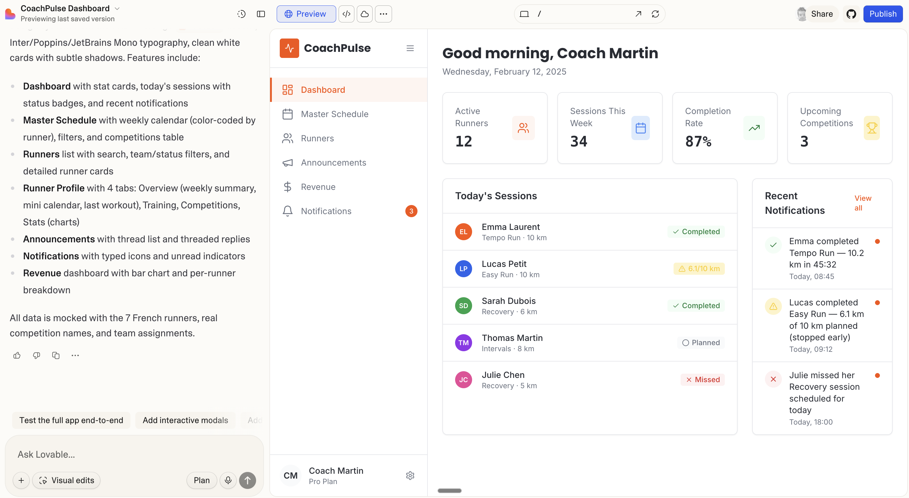 CoachPulse Dashboard - a full app generated by Lovable